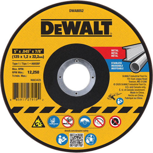 Metal Cut-Off Wheel, 5" x 0.045", 7/8" Arbor, Aluminum Oxide, Type 1 Kelford