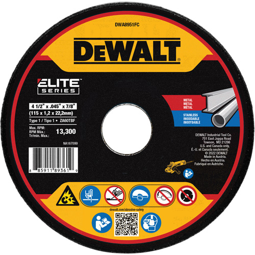 Meule de tronçonnage des m&eacute;taux XP, 4-1/2" x 0,045", Arbre 7/8", C&eacute;ramique, Type 1 Kelford