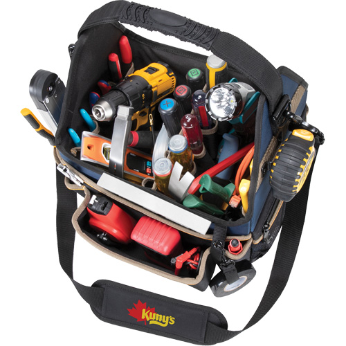 Molded Base Electrical/HVAC Tool Carrier, Ballistic Polyester, 20 Pockets, Black/Blue Kelford