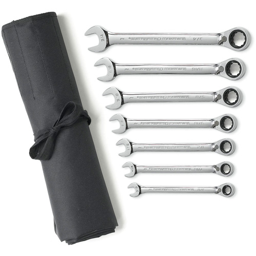 Jeu de cl&eacute;s &agrave; cliquets r&eacute;versibles SAE &agrave; 12 pans et 72 dents avec pochette &agrave; outils enroulable, Combinaison, 7 morceaux, Imp&eacute;rial Kelford