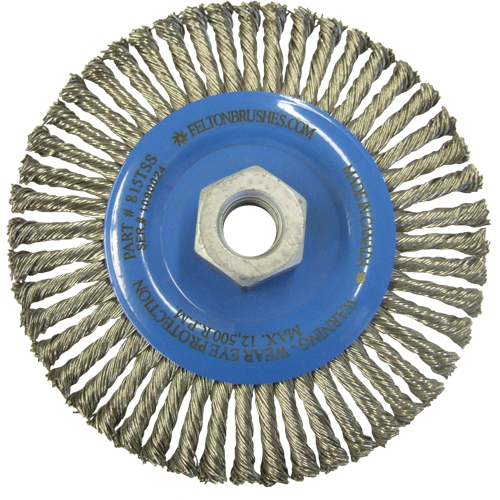 Brosses m&eacute;talliques &agrave; touret, Dia. 5-7/8", Fils 0,02", Arbre 5/8"-11, Acier inoxydable Kelford
