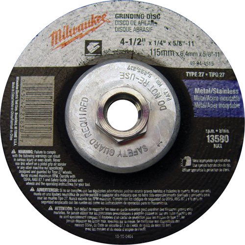 Grinding Wheel, 4-1/2" x 1/4", 5/8"-11 Arbor, Aluminum Oxide, Type 27 Kelford