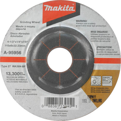 INOX Grinding Wheel, 4-1/2" x 1/4", 7/8" Arbor, Aluminum Oxide, Type 27 Kelford