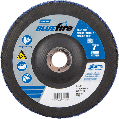 BlueFire R884P Coarse Grit Flap Disc, 7" x 7/8", Type 27, 80 Grit, Zirconia Alumina Kelford