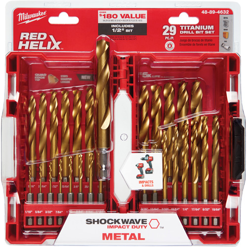 Shockwave Red Helix Drill Bit Set, 29 Pieces, Titanium Kelford