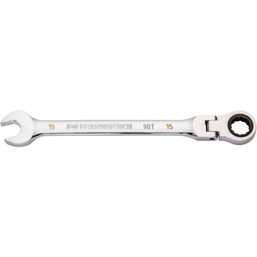 90-Tooth Flex Head Ratcheting Combination Wrench, 12 Point, 15 mm, Chrome Finish Kelford