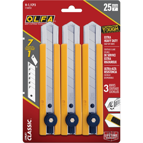 Couteau utilitaire classique extra robuste H-1 avec prise &agrave; pi&egrave;ce caoutchout&eacute;e, 25 mm Kelford