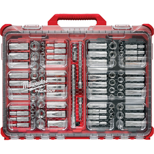 Jeu de cliquets et douilles m&eacute;triques/SAE avec organisateur PACKOUT &agrave; profil bas, 98 Mcx, Prise de 3/8" Kelford