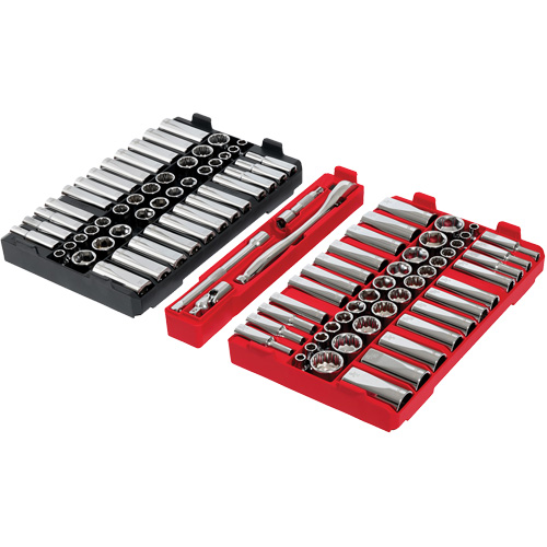 Jeu de cliquets et douilles m&eacute;triques/SAE avec organisateur PACKOUT &agrave; profil bas, 98 Mcx, Prise de 3/8" Kelford