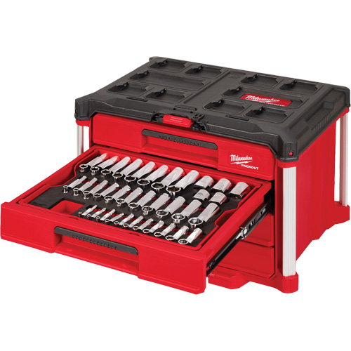 242-Piece 1/4”, 3/8” & 1/2” Drive Metric & SAE Ratchet & Socket Set with PACKOUT 4-Drawer Tool Box, 16-3/10" x 22-1/5" x 14-3/10", Black/Red Kelford