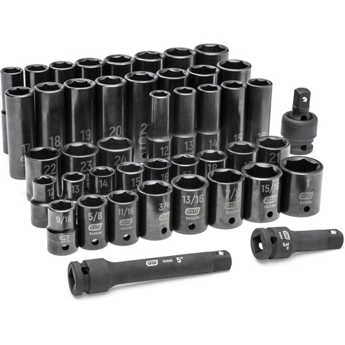 6 Point SAE/Metric Socket Set, 44 Pcs, Impact, 1/2" Drive Size, Deep Kelford