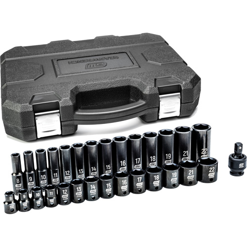 6-Point Metric Socket Set, 29 Pcs, Impact, 3/8" Drive Size, Deep Kelford