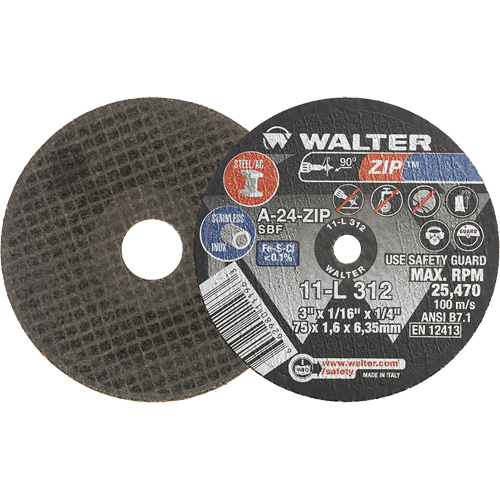 Zip Cut-Off Wheel, 3" x 1/16", 1/4" Arbor, Type 1, Aluminum Oxide, 25470 RPM Kelford