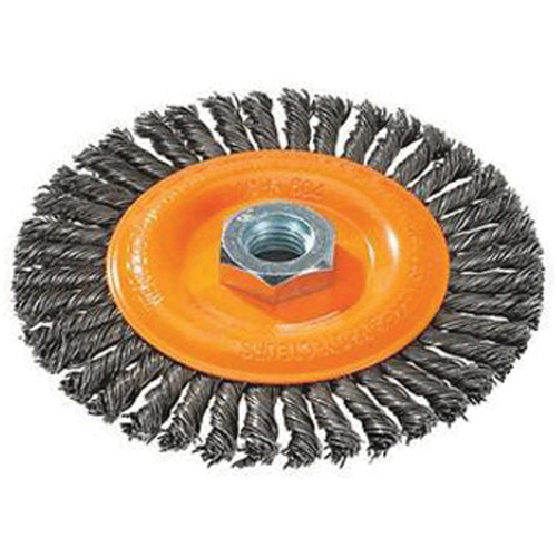 Brosse &agrave; fils nou&eacute;s pour cordons de soudure, Dia. 4", Fils 0,02", Arbre 5/8"-11, Acier Kelford