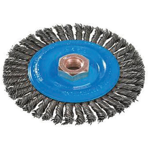 Stringer Bead Knotted Wire Brush, 4" Dia., 0.02" Fill, 5/8"-11 Arbor, Aluminum/Stainless Steel Kelford