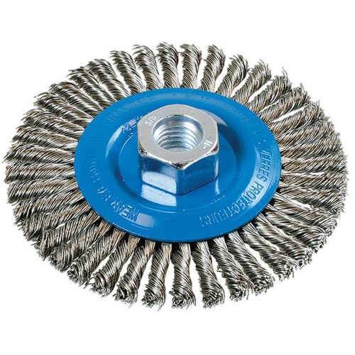 Brosse &agrave; fils nou&eacute;s pour cordons de soudure, Dia. 4-1/2", Fils 0,02", Arbre 5/8"-11, Aluminium/Acier inoxydable Kelford