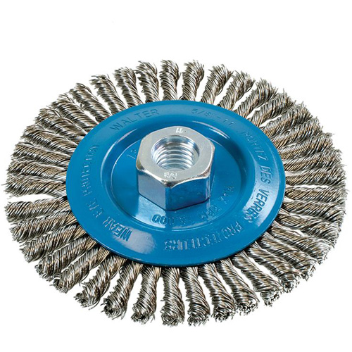 Brosse &agrave; fils &eacute;troits nou&eacute;s et torsad&eacute;s, Dia. 5", Fils 0,02", Arbre 5/8"-11, Aluminium/Acier inoxydable Kelford