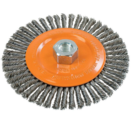 Brosse &agrave; fils nou&eacute;s pour cordons de soudure, Dia. 6", Fils 0,02", Arbre 5/8"-11, Acier Kelford