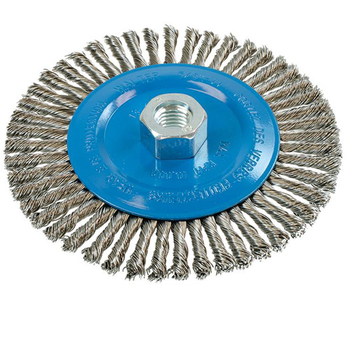 Brosse &agrave; fils &eacute;troits nou&eacute;s et torsad&eacute;s, Dia. 6", Fils 0,02", Arbre 5/8"-11, Aluminium/Acier inoxydable Kelford
