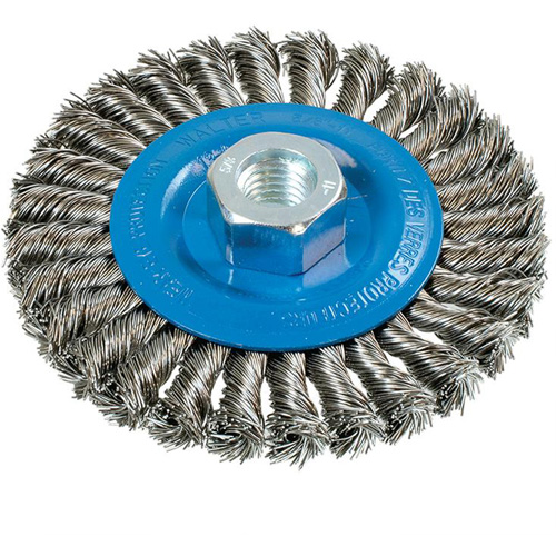 Brosse rotative &agrave; fils nou&eacute;s large, Dia. 4-1/2", Fils 0,02", Arbre 5/8"-11, Aluminium/Acier inoxydable Kelford