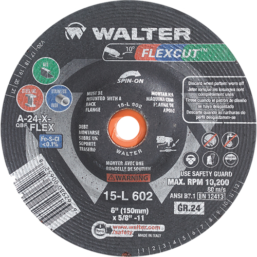 Meules &agrave; moyeu d&eacute;port&eacute; Flexcut, 4-1/2", 60 Grain, Oxyde d'aluminium, 5/8"-11, 13 300 Tr/min, Type 29 Kelford