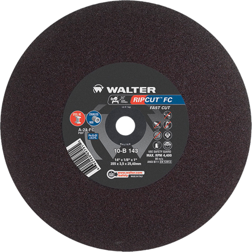 Ripcut Stainless Steel & Steel Cut-Off Wheel for Stationary Saws, 14" x 1/8", 1" Arbor, Type 1, Aluminum Oxide, 4400 RPM Kelford