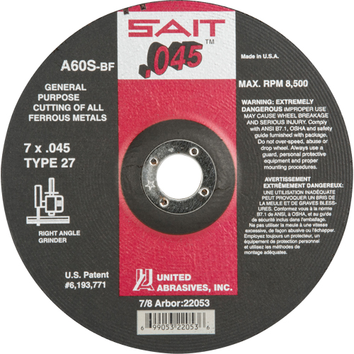 Depressed Center Cut-Off Wheel, 7" x 0.045", 7/8" Arbor, Type 27, Aluminum Oxide, 8500 RPM Kelford