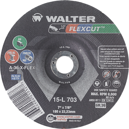Meules &agrave; moyeu d&eacute;port&eacute; Flexcut, 7", 36 Grain, Oxyde d'aluminium, 7/8", 8600 Tr/min, Type 29 Kelford
