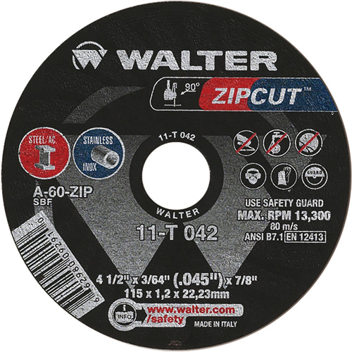 Zipcut Cut-Off Wheel, 4-1/2" x 3/64", 7/8" Arbor, Type 1, Aluminum Oxide, 13300 RPM Kelford