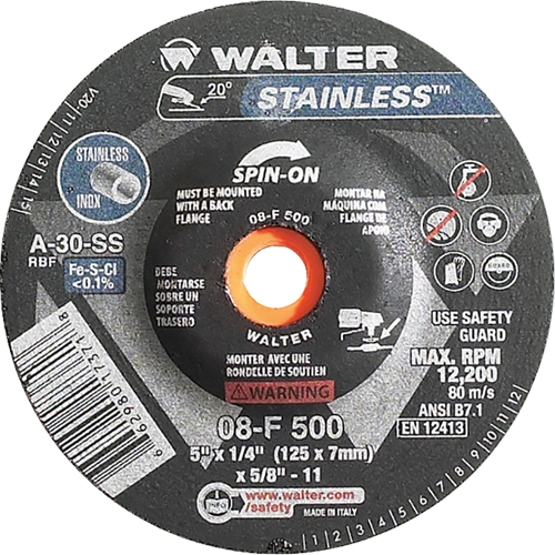 Depressed Centre Grinding Wheels - Stainless Type 27, 5" x 1/4", 5/8"-11 Arbor, Type 27S Kelford