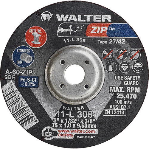 Disque de meulage et de tronçonnage Zip, 3" x 1/13", Arbre de 3/8", Type 27, Grain de 60, Oxyde d'aluminium Kelford