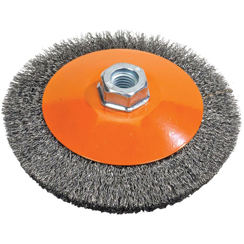Saucer Crimped Wire Wheel, 6" Dia., 0.012" Fill, 5/8"-11 Arbor Kelford