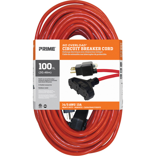 Vinyl Extension Cord, Outdoor, SJTW, 14/3 AWG, 13 A, 3 Outlet(s), 100' Kelford