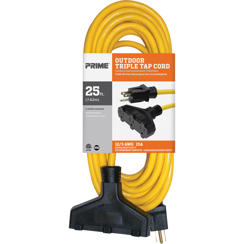 Vinyl Extension Cord, Outdoor, SJTW, 12/3 AWG, 15 A, 3 Outlet(s), 25' Kelford