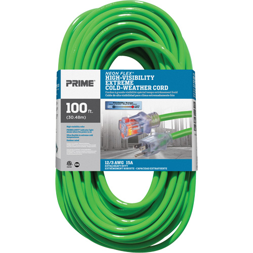 Cordon rallonge haute visibilit&eacute; Neon Flex, Ext&eacute;rieur, SJTW, AWG 12/3, 15 A, 100' Kelford
