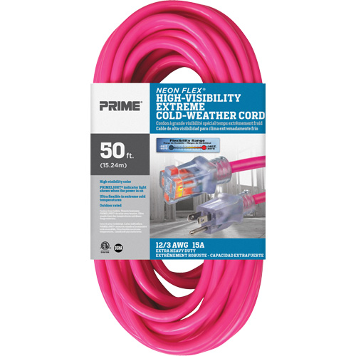 Neon Flex&reg; High Visibility Extension Cord, Outdoor, SJTW, 12/3 AWG, 15 A, 50' Kelford