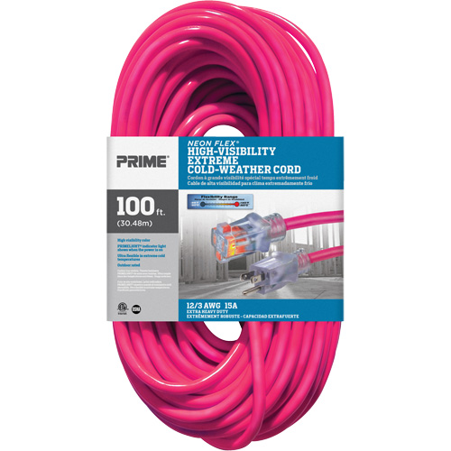 Neon Flex&reg; High Visibility Extension Cord, Outdoor, SJTW, 12/3 AWG, 15 A, 100' Kelford