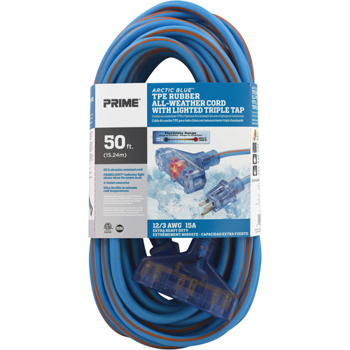 Cordons rallonges en caoutchouc TPE Arctic Blue, Toutes saisons, SJEOW, AWG 12/3, 15 A, 3 prise(s), 50' Kelford