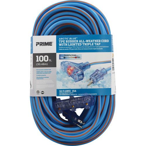 Cordons rallonges en caoutchouc TPE Arctic Blue, Toutes saisons, SJEOW, AWG 12/3, 15 A, 3 prise(s), 100' Kelford