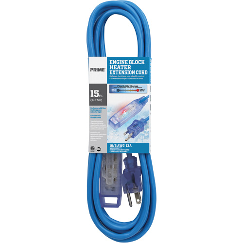 Glacier Flex Engine Block Heater Cord, All-Weather, SJTW, 16/3 AWG, 13 A, 3 Outlet(s), 15' Kelford