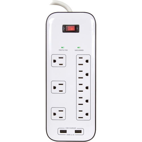 USB Charging Surge Protectors, 8 Outlets, 2400 J, 1875 W, 6' Cord Kelford