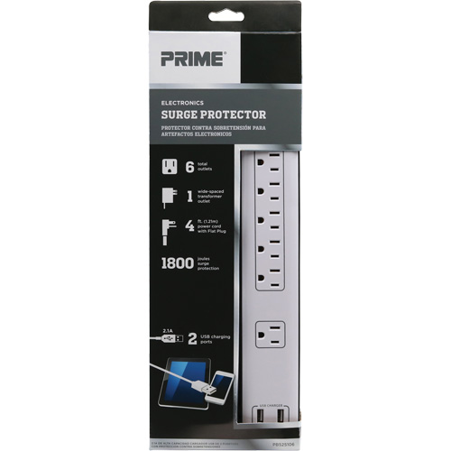 USB Charging Surge Protectors, 6 Outlets, 1800 J, 1875 W, 4' Cord Kelford