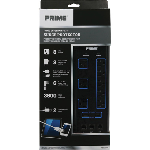USB Charging Surge Protectors, 8 Outlets, 3600 J, 1875 W, 6' Cord Kelford