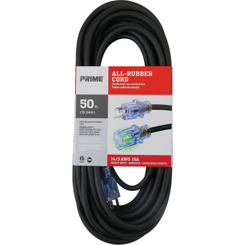 All-Rubber Extension Cord, Outdoor, SJOOW, 14/3 AWG, 15 A, 50' Kelford