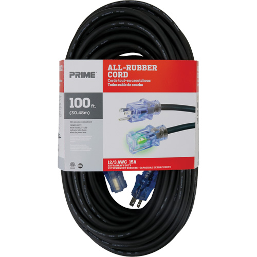 All-Rubber Extension Cord, Outdoor, SJOOW, 12/3 AWG, 15 A, 100' Kelford