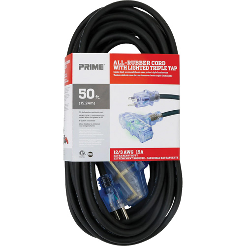 All-Rubber Extension Cord, Outdoor, SJOOW, 12/3 AWG, 15 A, 3 Outlet(s), 50' Kelford