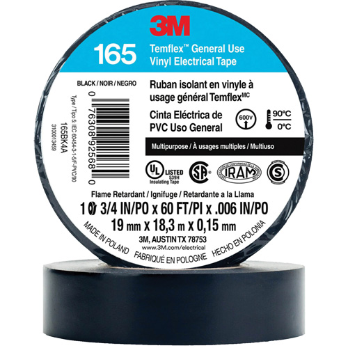 Temflex General Use Vinyl Electrical Tape 165, 19 mm (3/4") x 18 M (60'), Black, 6 mils Kelford