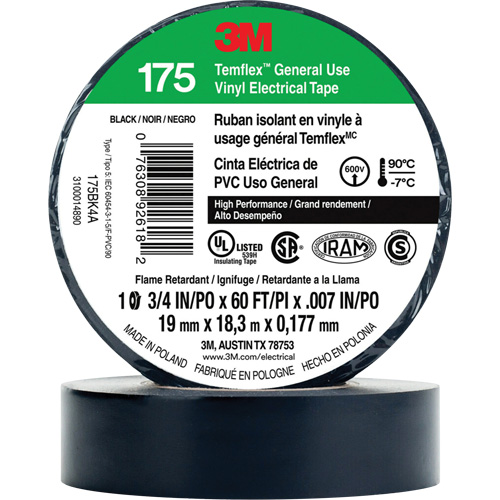 Temflex General Use Vinyl Electrical Tape 175, 19 mm (3/4") x 18 M (60'), Black, 7 mils Kelford