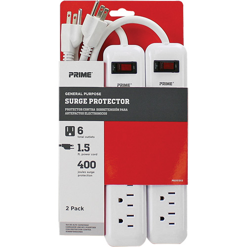 Barre multiprise limiteur de surtension, paquet de 2, 6 Prises, 400 J, 1875 W, Cordon 1,5' Kelford