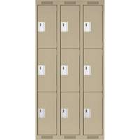 Clean Line Lockers, 3 -tier, Bank of 3, 36" x 18" x 72", Steel, Beige, Rivet (Assembled) Kelford